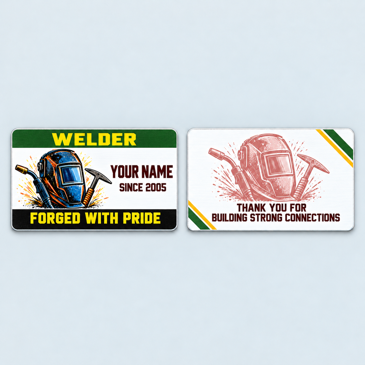 Front and reverse of the Welder Green Band aluminum wallet card