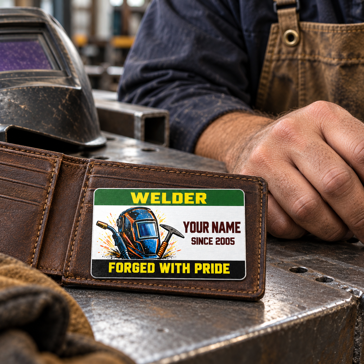 Welder Green Band card resting on an open wallet beside a worker's hand