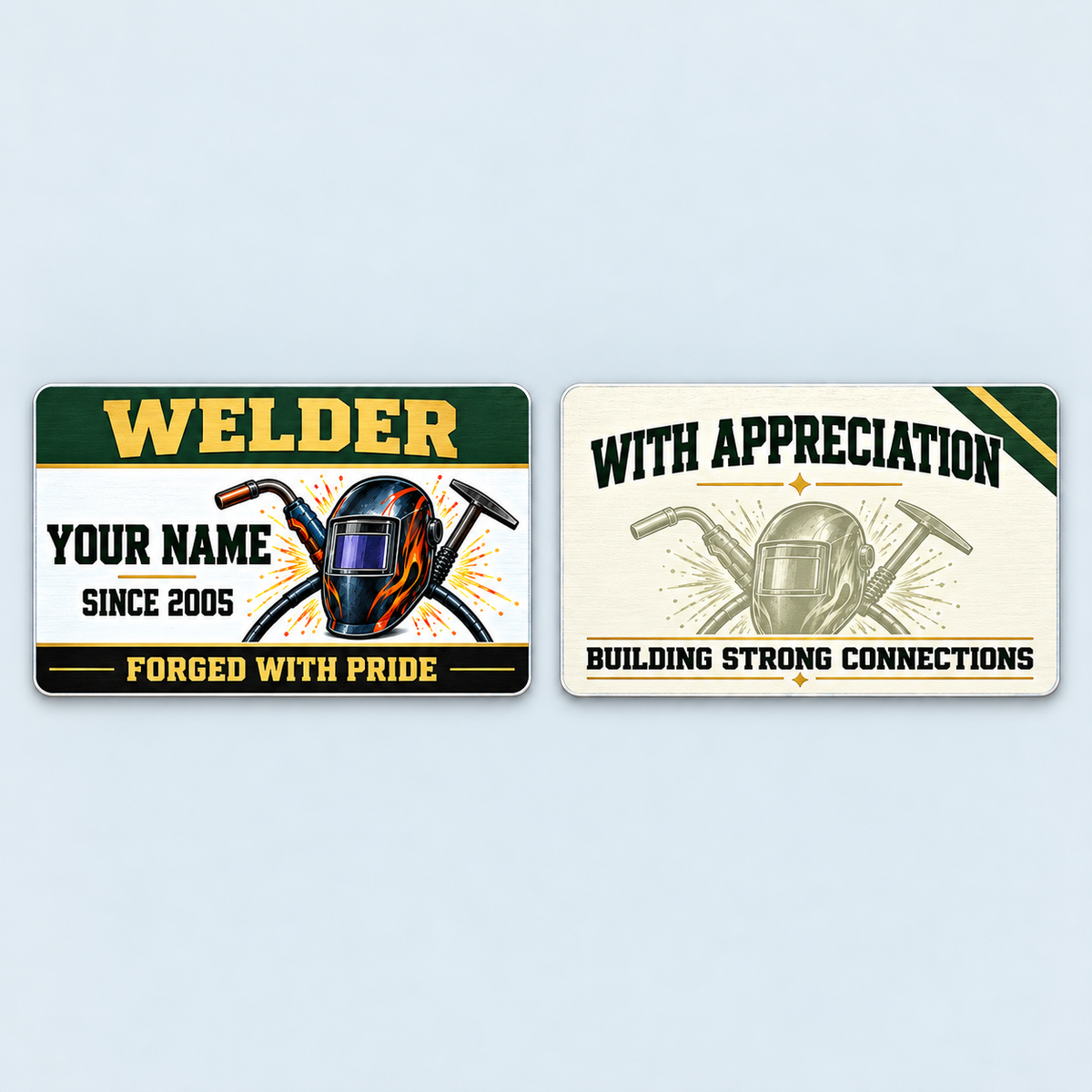 Front and reverse of the Welder Heritage Band aluminum wallet card