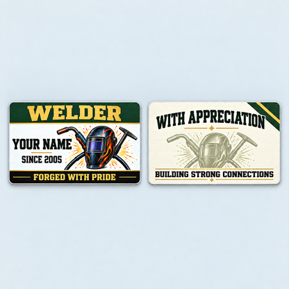 Front and reverse of the Welder Heritage Band aluminum wallet card