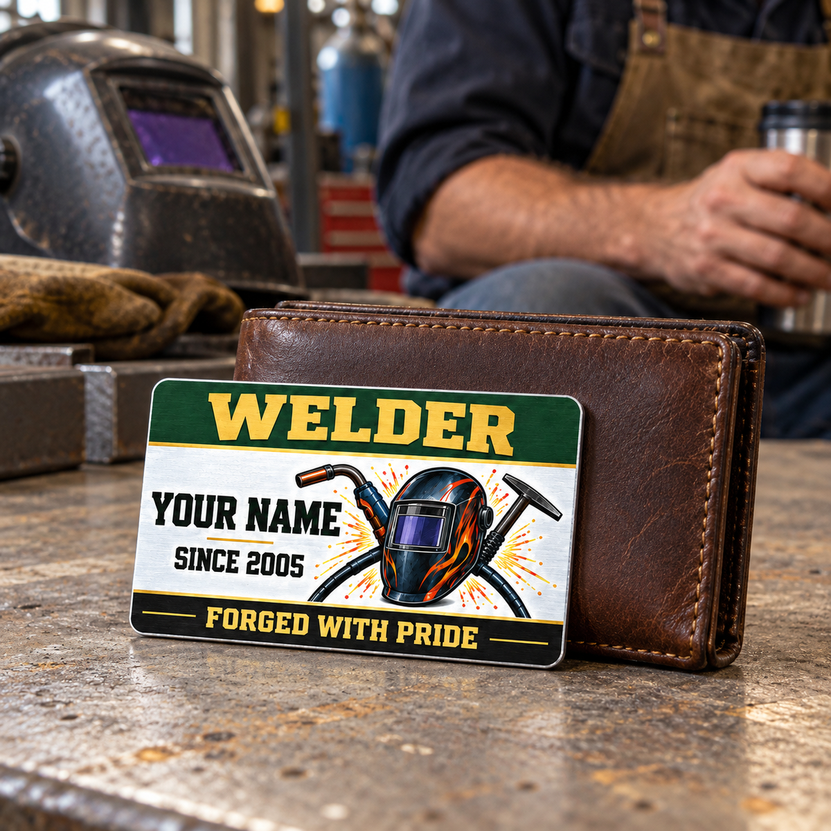 Welder Heritage Band aluminum wallet card leaning against a brown bifold wallet during a workshop break