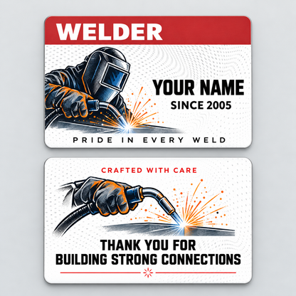 Front and reverse views of the Welder Red Header two-sided aluminum wallet card