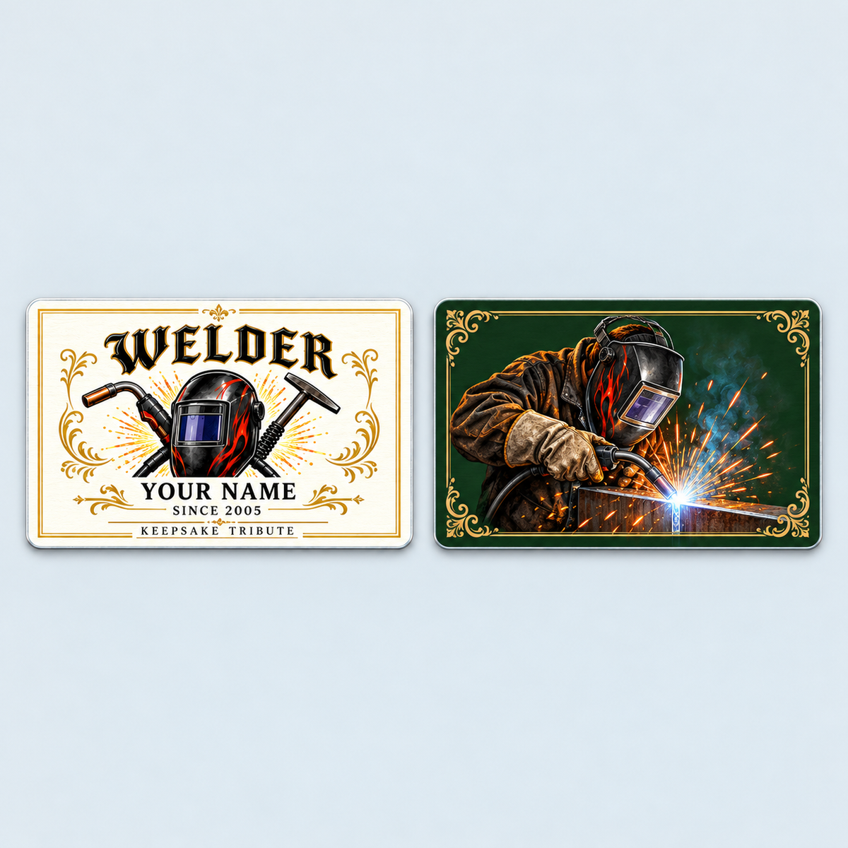 Front and reverse of the Welder Ivory Heritage aluminum wallet card