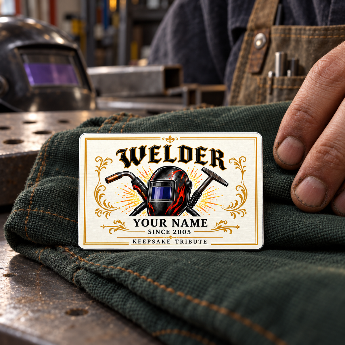 Welder Ivory Heritage card displayed on folded green fabric beside a worker's hand