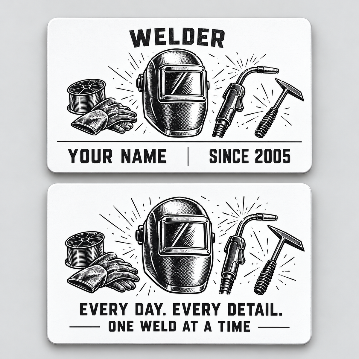 Front and reverse of the Welder Minimal Tool Grid aluminum wallet card