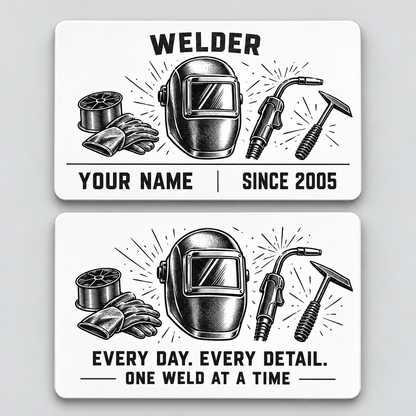 Front and reverse of the Welder Minimal Tool Grid aluminum wallet card