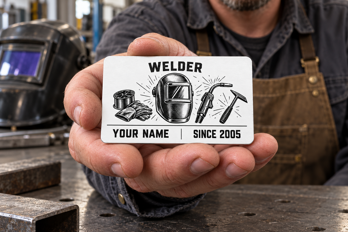 Adult welder presents the Minimal Tool Grid wallet card on an open hand