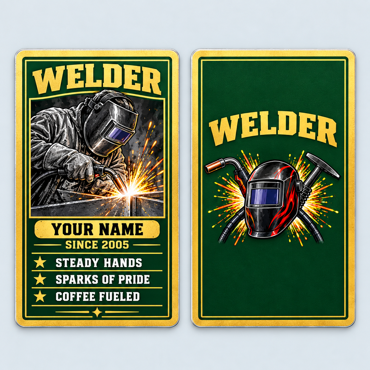 Front and reverse of the Welder Trade Legend aluminum wallet card