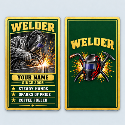 Front and reverse of the Welder Trade Legend aluminum wallet card