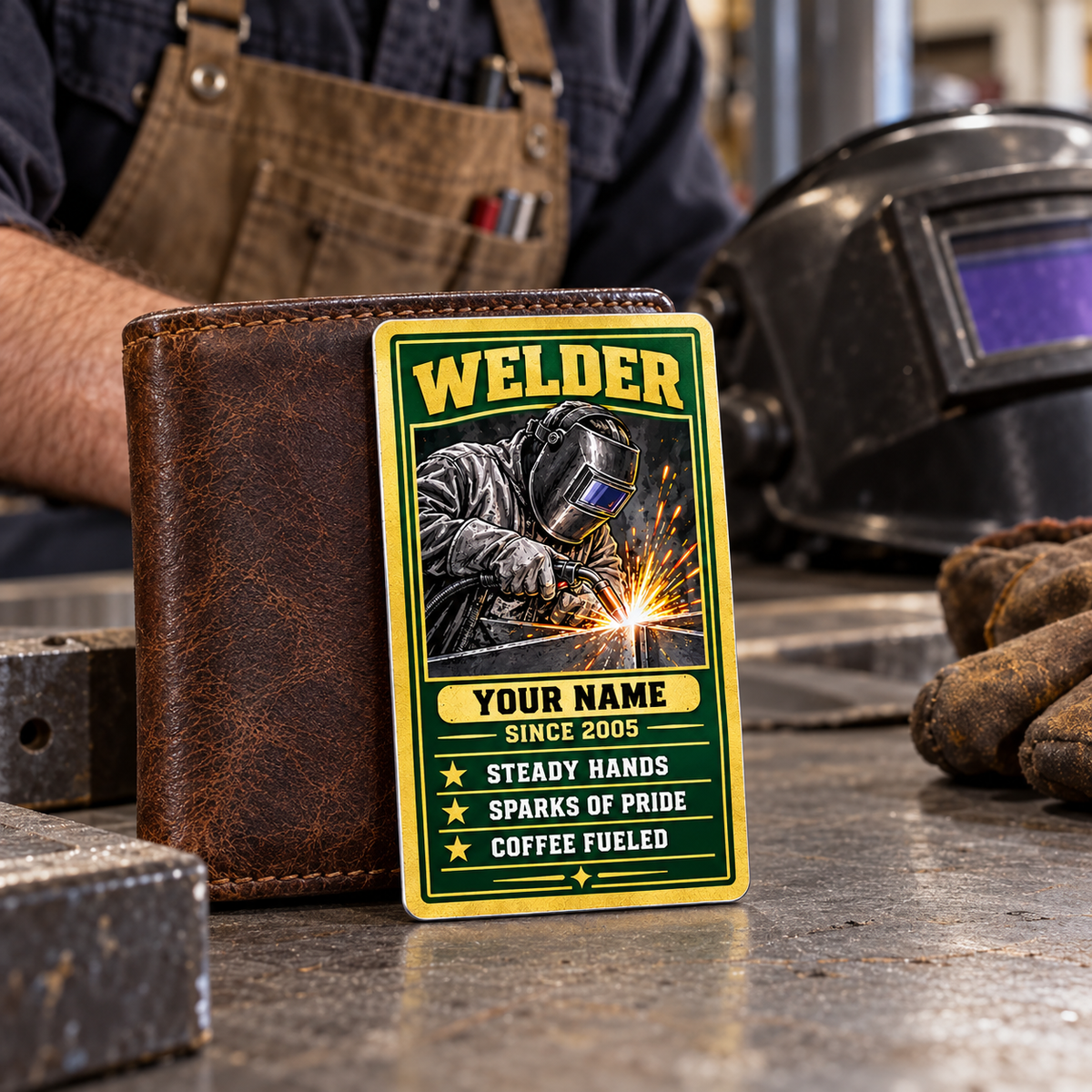 Portrait Welder Trade Legend aluminum wallet card leaning against a brown wallet beside an inactive welding hood