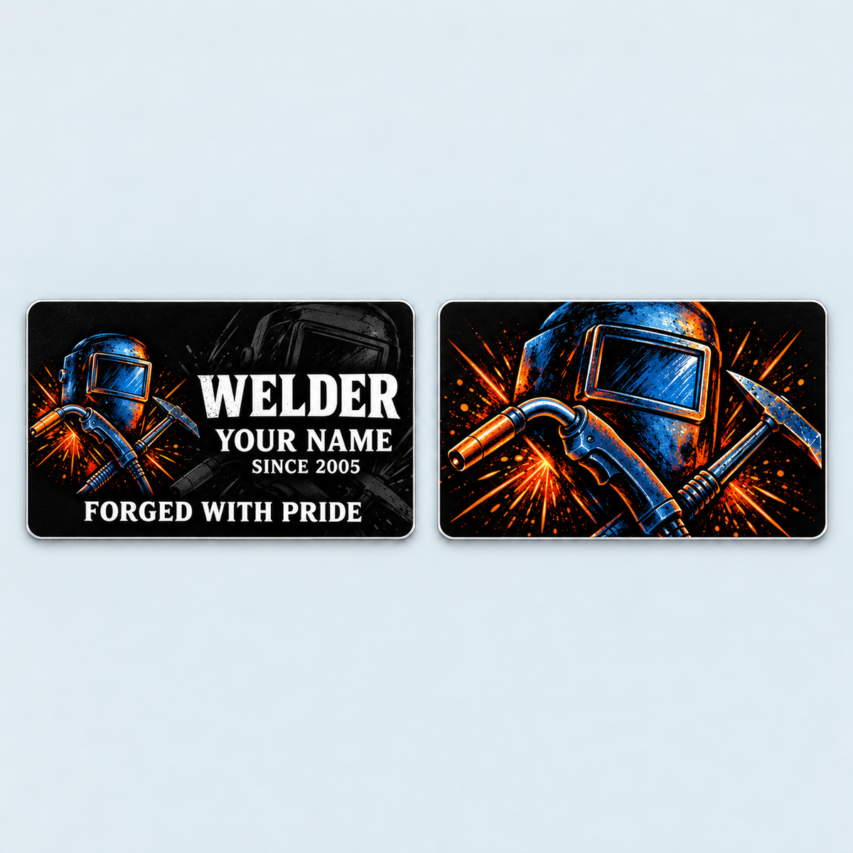 Front and reverse of the Welder Midnight Pride aluminum wallet card