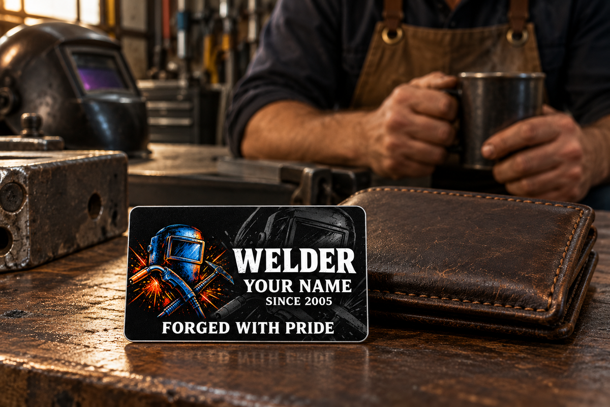 Welder Midnight Pride wallet card beside a brown wallet during a coffee break