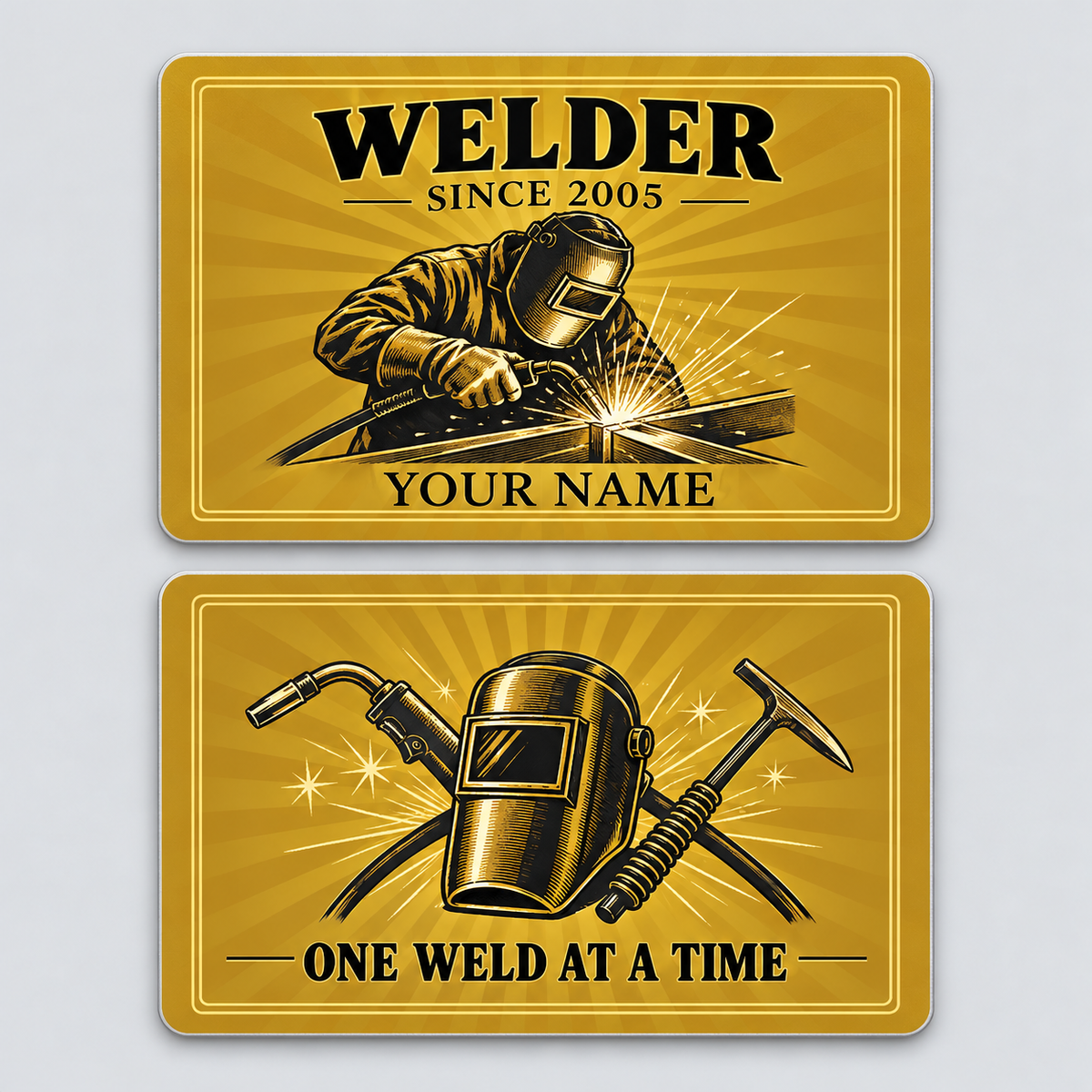 Front and reverse of the Welder Golden Milestone aluminum wallet card