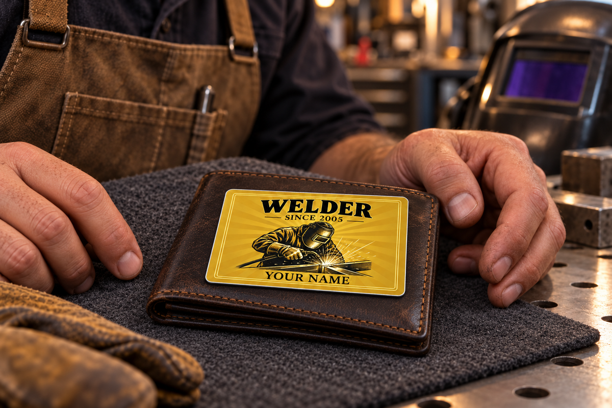 Welder Golden Milestone wallet card resting on a closed leather wallet beside an adult welder's hands in a workshop