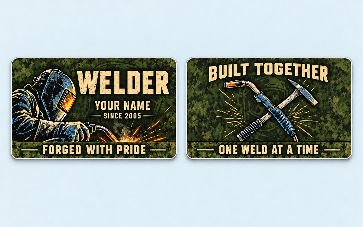 Front and reverse views of the Welder Rugged Field two-sided aluminum wallet card