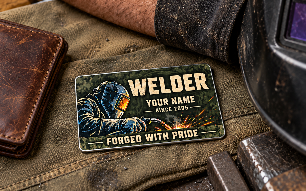 Welder Rugged Field card on olive canvas beside a wallet and resting worker's forearm