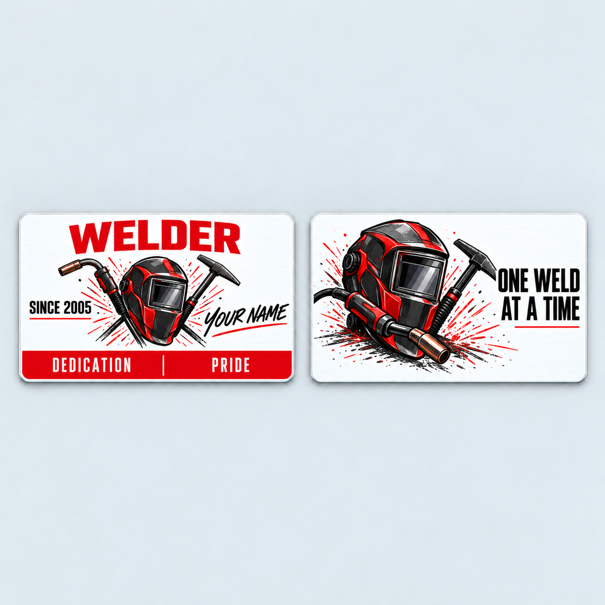 Front and reverse of the Welder Signature Modern aluminum wallet card