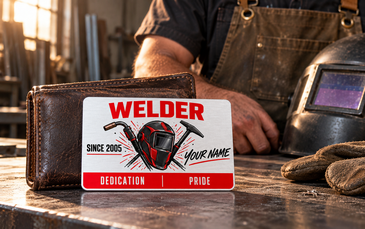 Welder Signature Modern card leaning against a wallet on a workshop bench