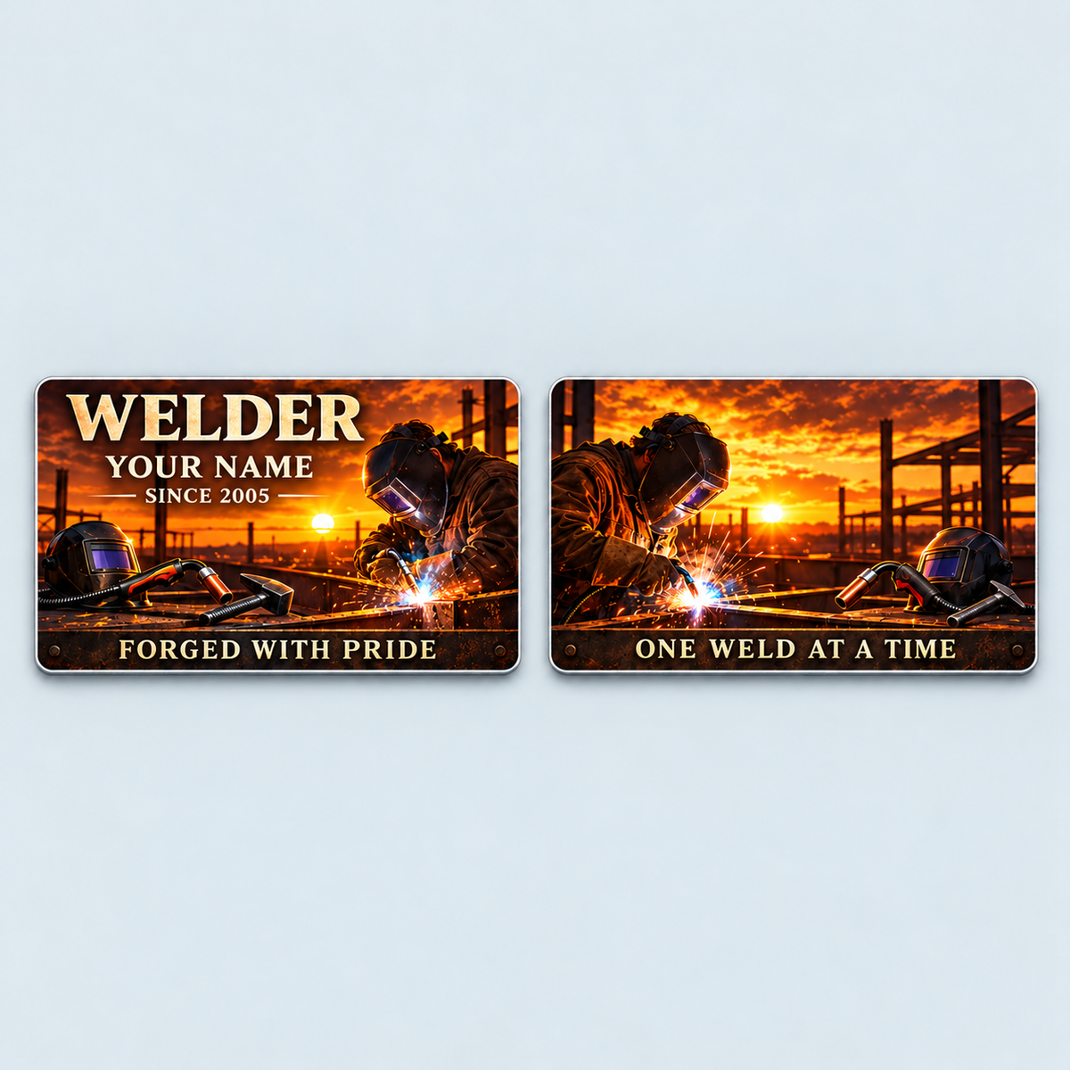 Front and reverse of the Welder Sunset Workday aluminum wallet card