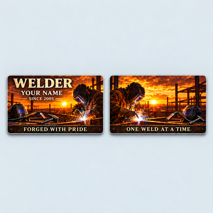 Front and reverse of the Welder Sunset Workday aluminum wallet card