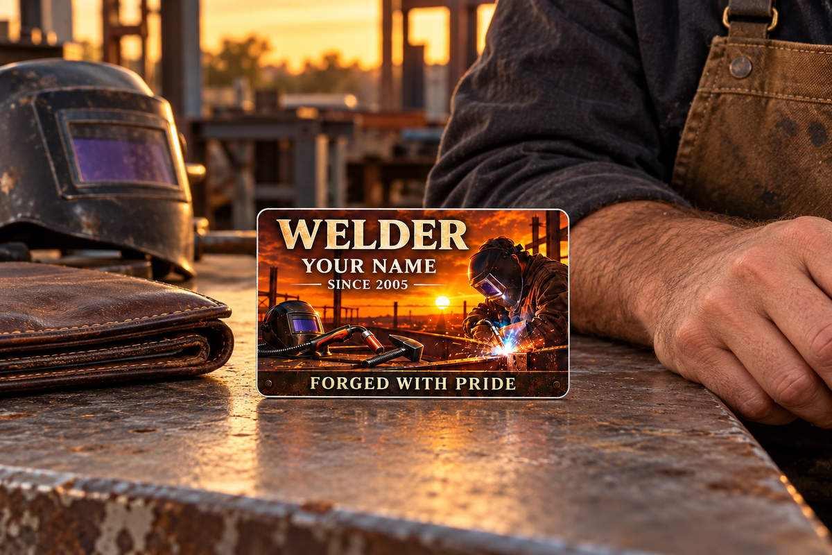 Welder Sunset Workday card beside a wallet and resting forearm in warm evening light