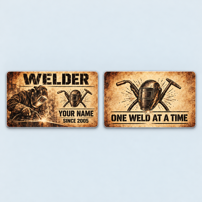 Front and reverse of the Welder Sepia Legacy aluminum wallet card