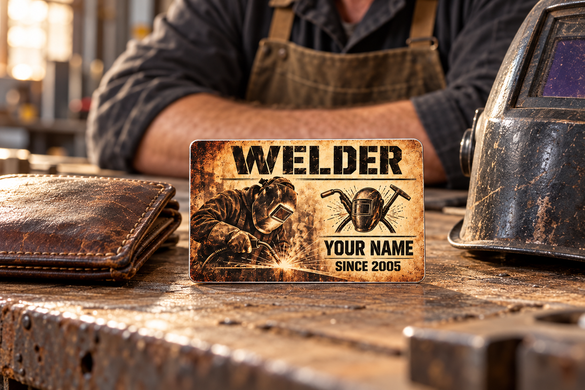 Welder Sepia Legacy aluminum wallet card beside a worn wallet and welding hood in warm workshop light