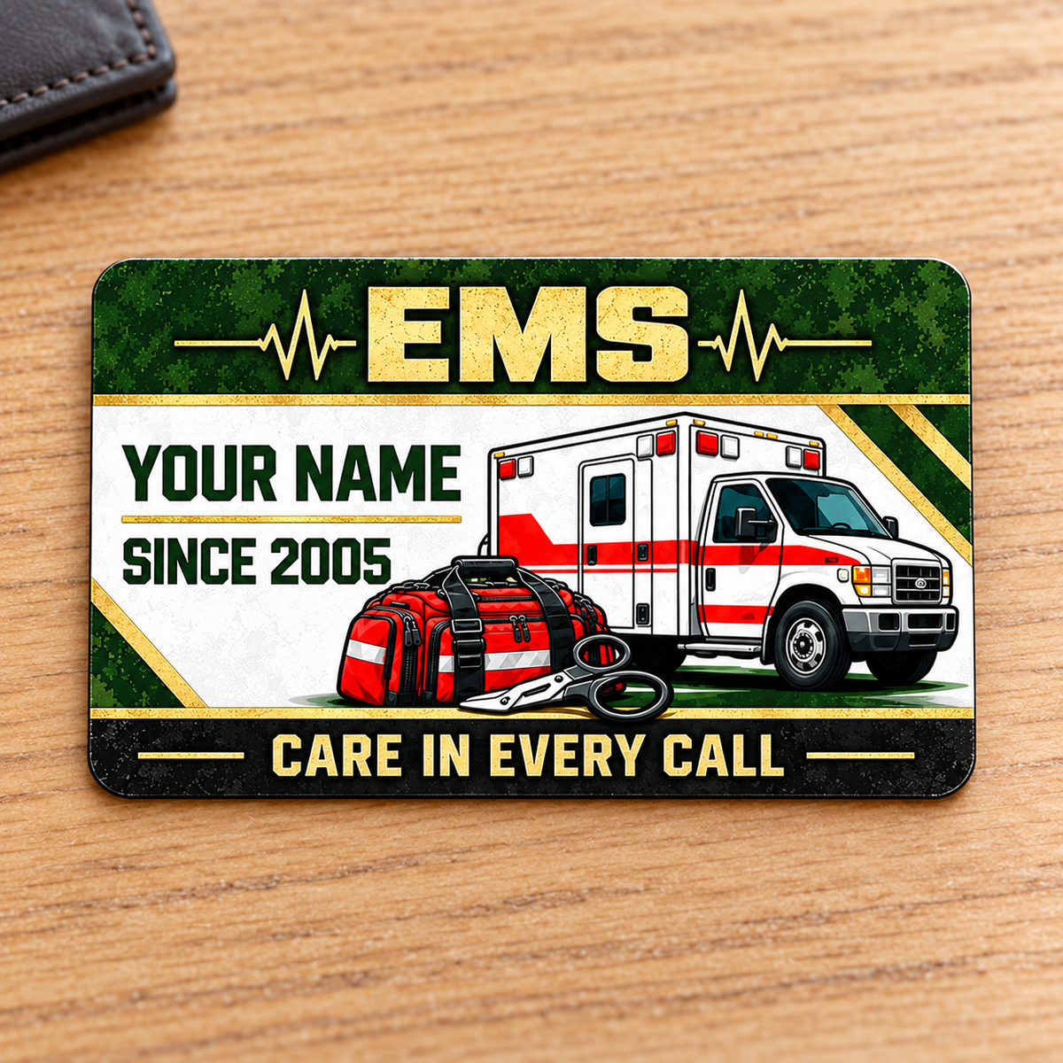 Heritage Band EMS aluminum wallet card on pale oak