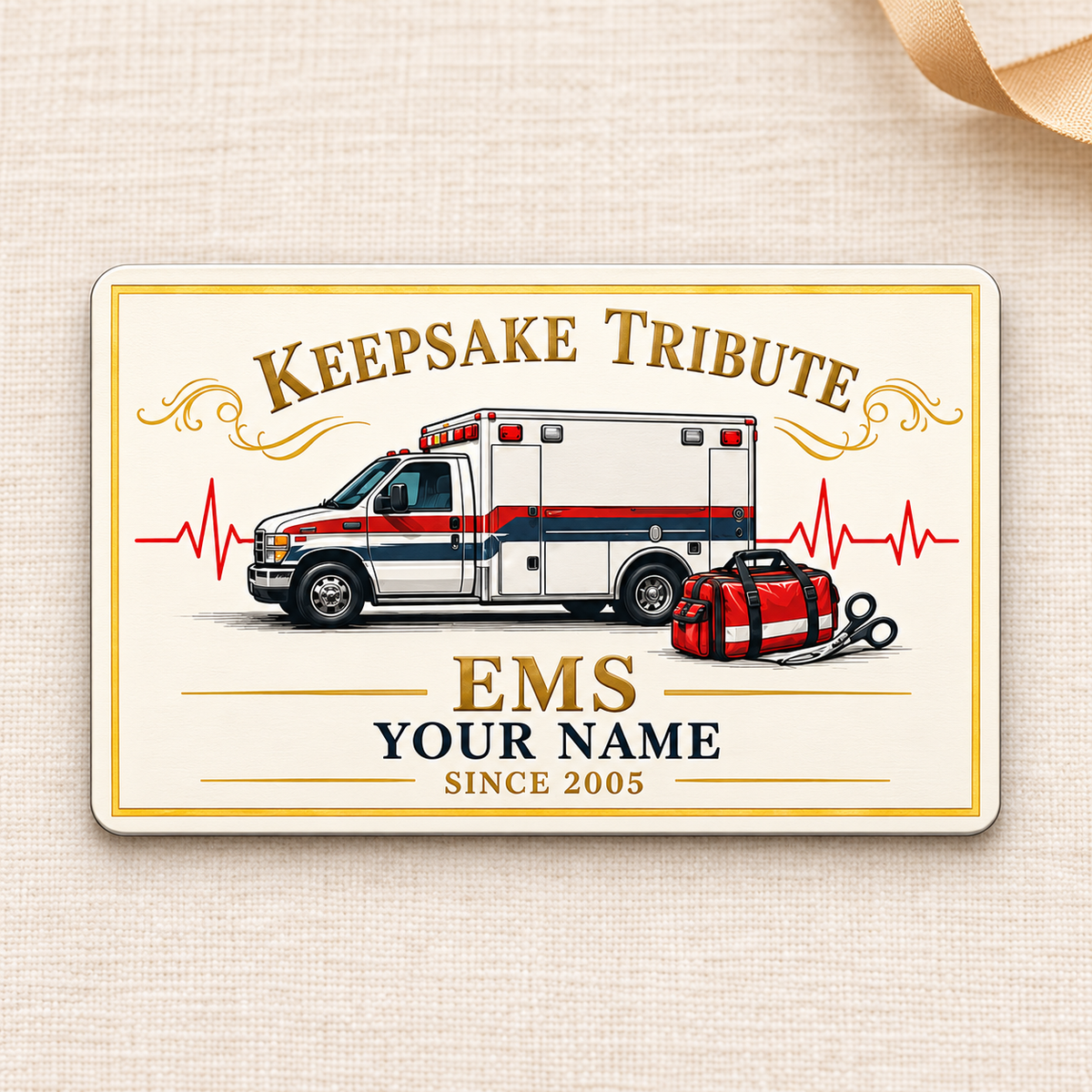 Ivory Heritage EMS aluminum wallet card on cream linen