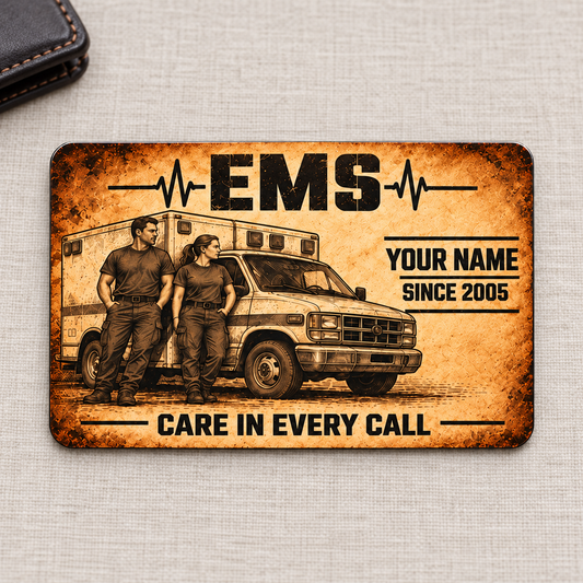 Sepia Legacy EMS aluminum wallet card on light-gray linen