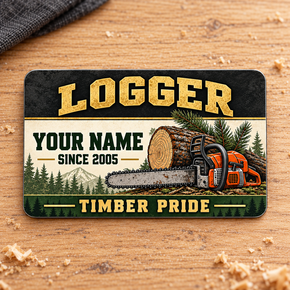 Logger Heritage Band aluminum wallet card front on pale oak with charcoal cloth.