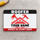 Roofer Red Monochrome aluminum wallet card, front design on neutral concrete.