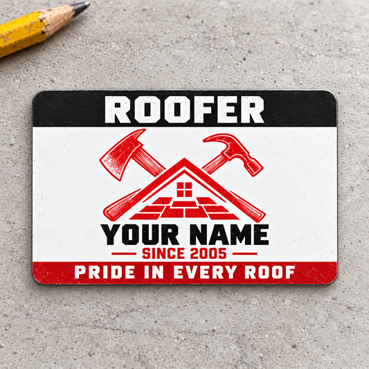 Roofer Red Monochrome aluminum wallet card, front design on neutral concrete.