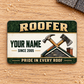 Roofer Heritage Band aluminum wallet card, front design on pale oak.