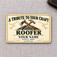 Roofer Ivory Heritage aluminum wallet card, front design on light gray linen.