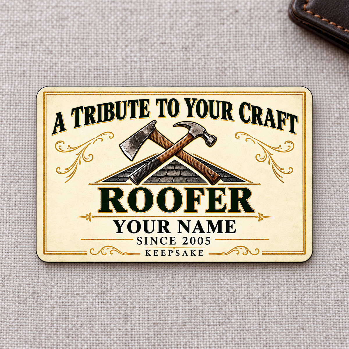 Roofer Ivory Heritage aluminum wallet card, front design on light gray linen.