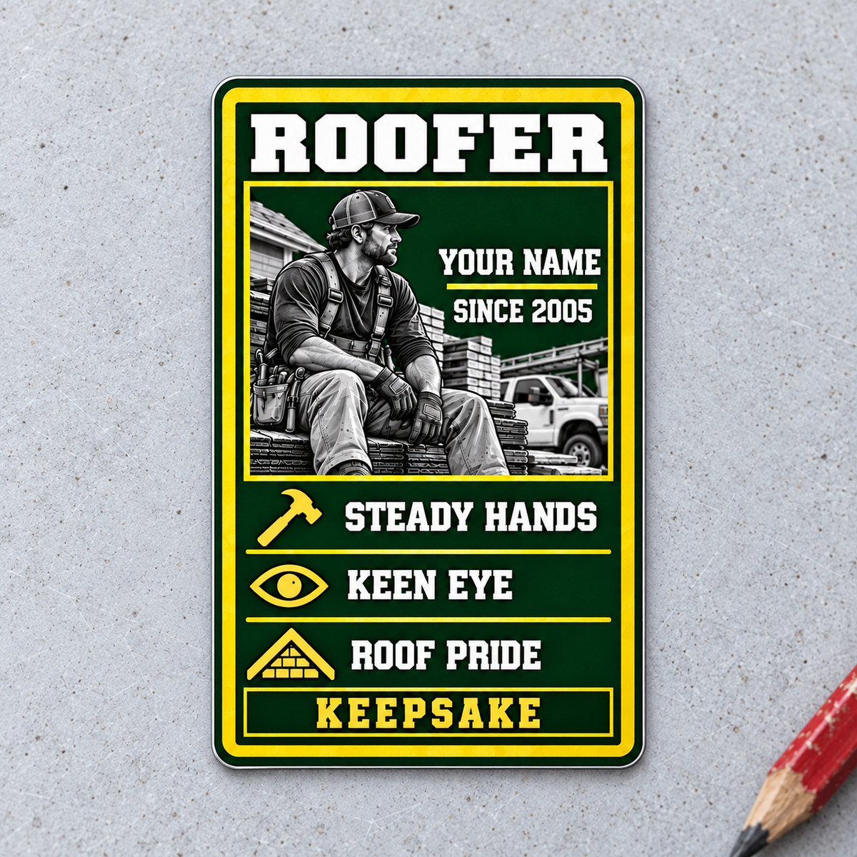 Roofer Trade Legend aluminum wallet card, portrait front design on pale concrete.