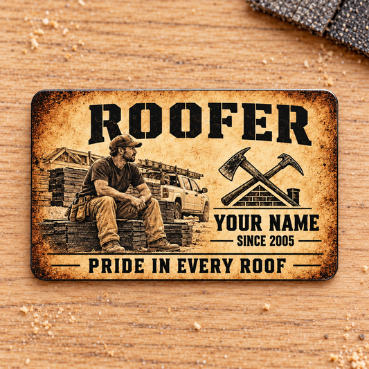 Roofer Sepia Legacy aluminum wallet card, front design on pale oak.