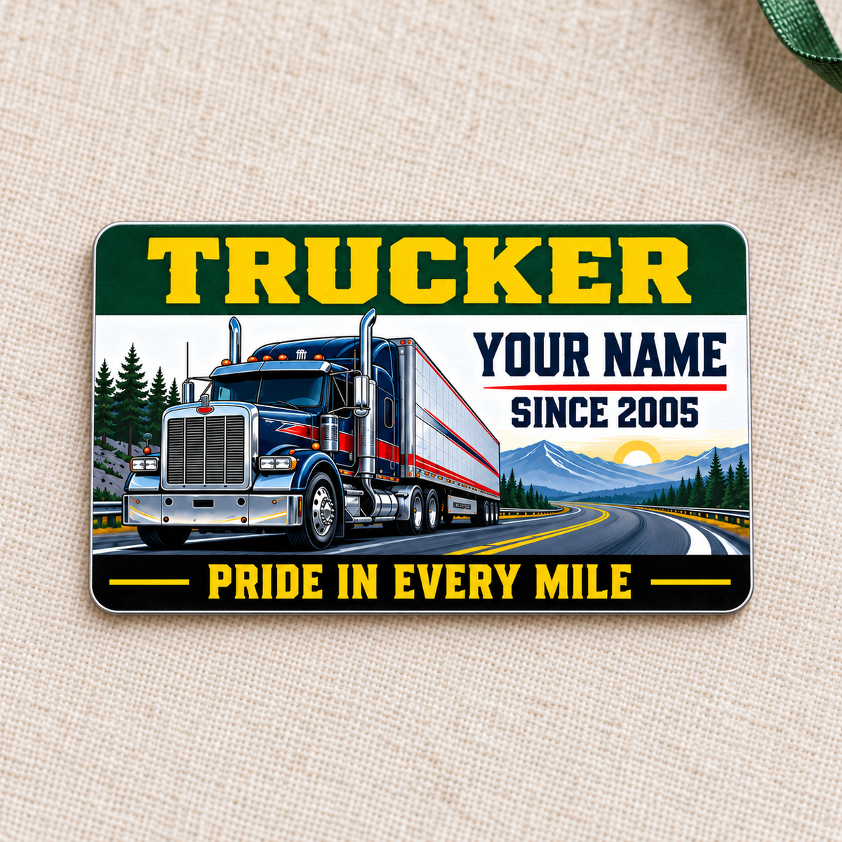 Front of Trucker Green Band aluminum wallet card on cream linen