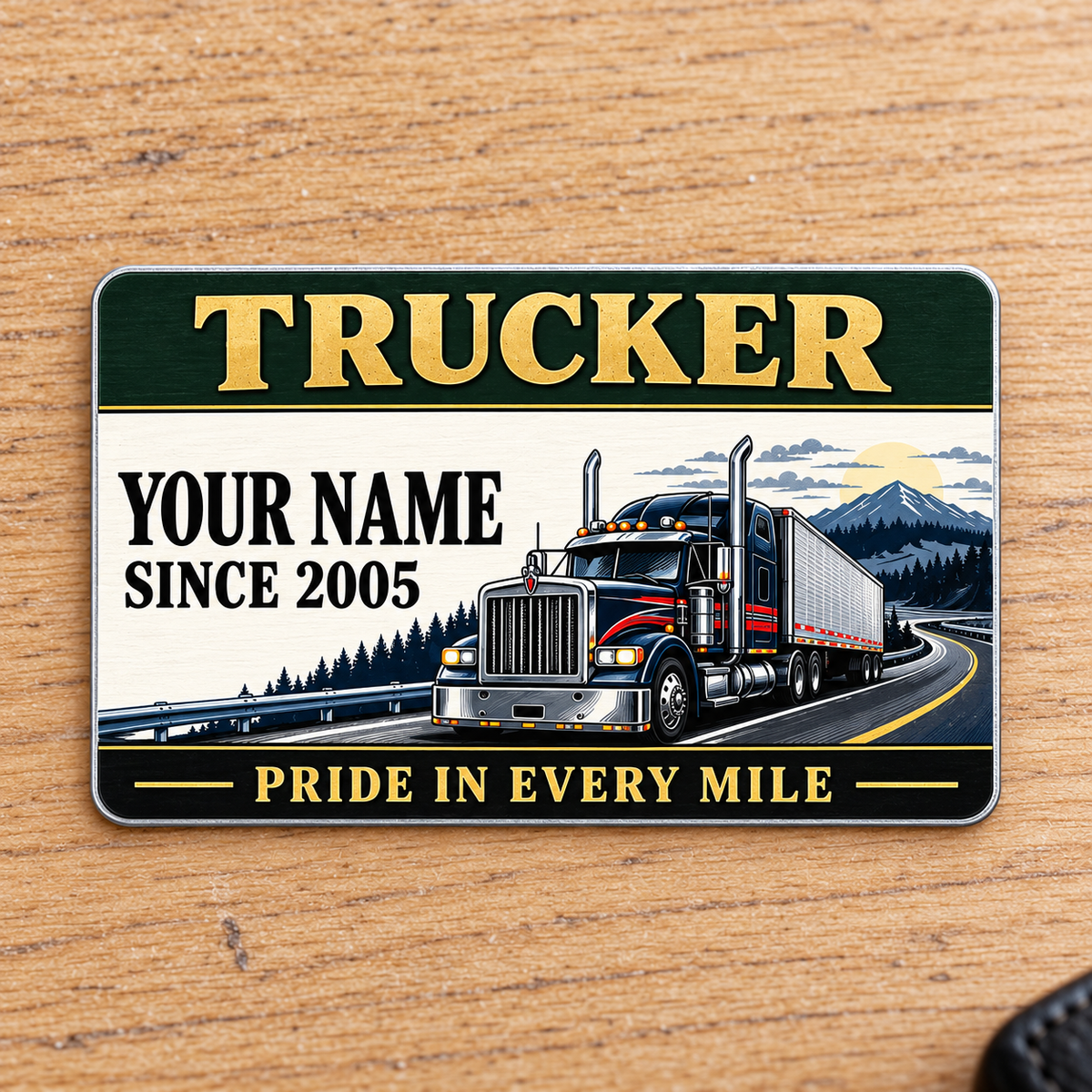 Trucker Heritage Band aluminum wallet card front on pale oak