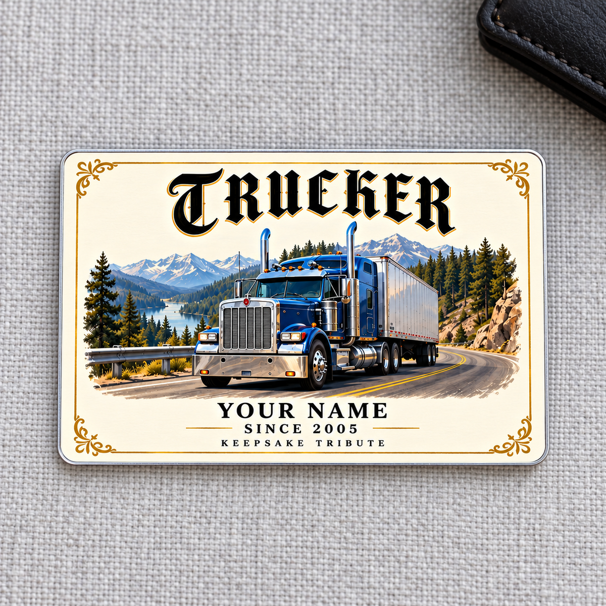 Trucker Ivory Heritage aluminum wallet card front on gray woven fabric