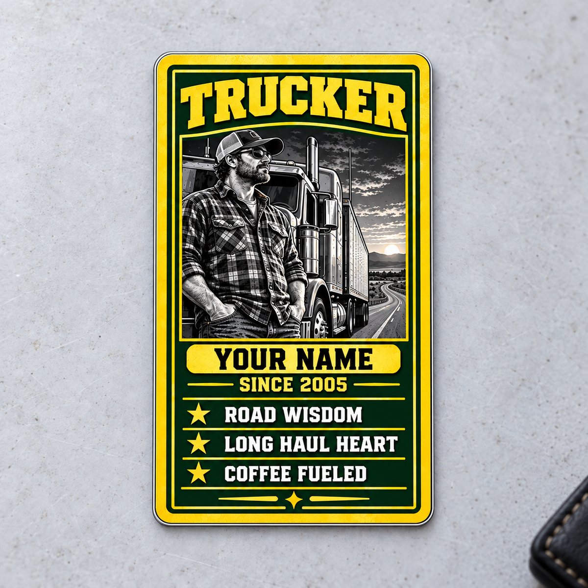 Trucker Trade Legend portrait aluminum wallet card front on light gray concrete