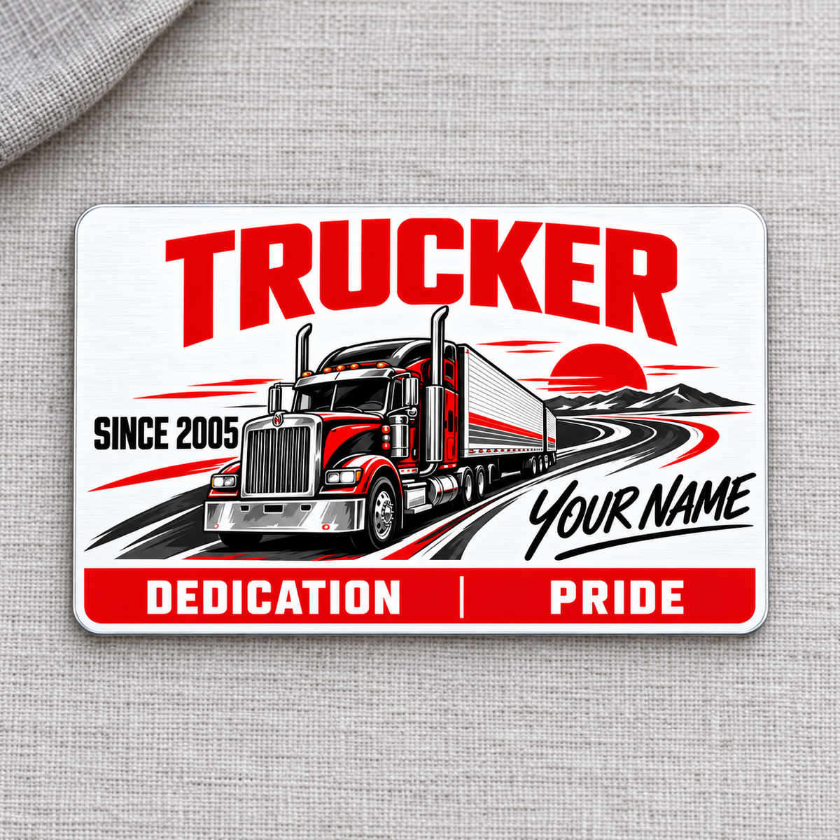 Front of Trucker Signature Modern aluminum wallet card on gray linen