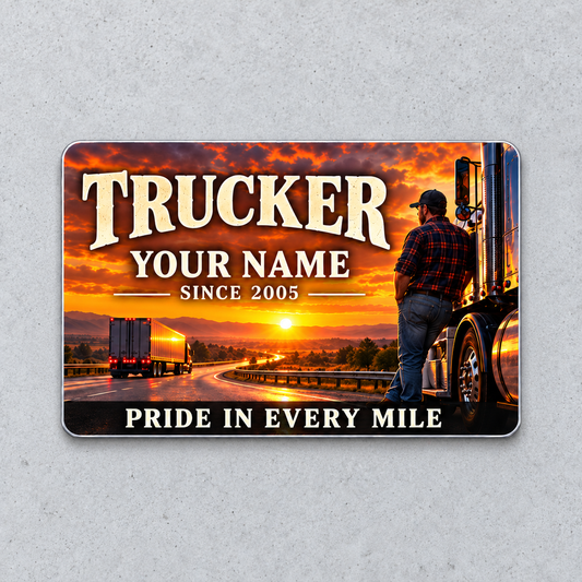 Front of Trucker Sunset Workday aluminum wallet card on pale gray concrete