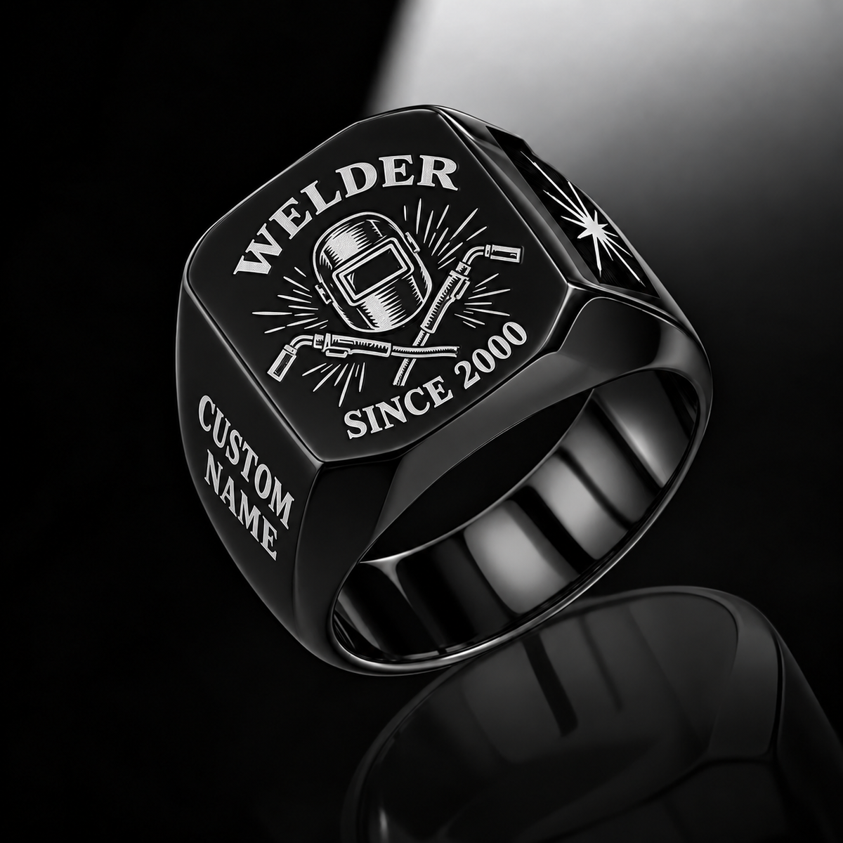 Welder Classic Emblem ring in Black, showing CUSTOM NAME and SINCE 2000
