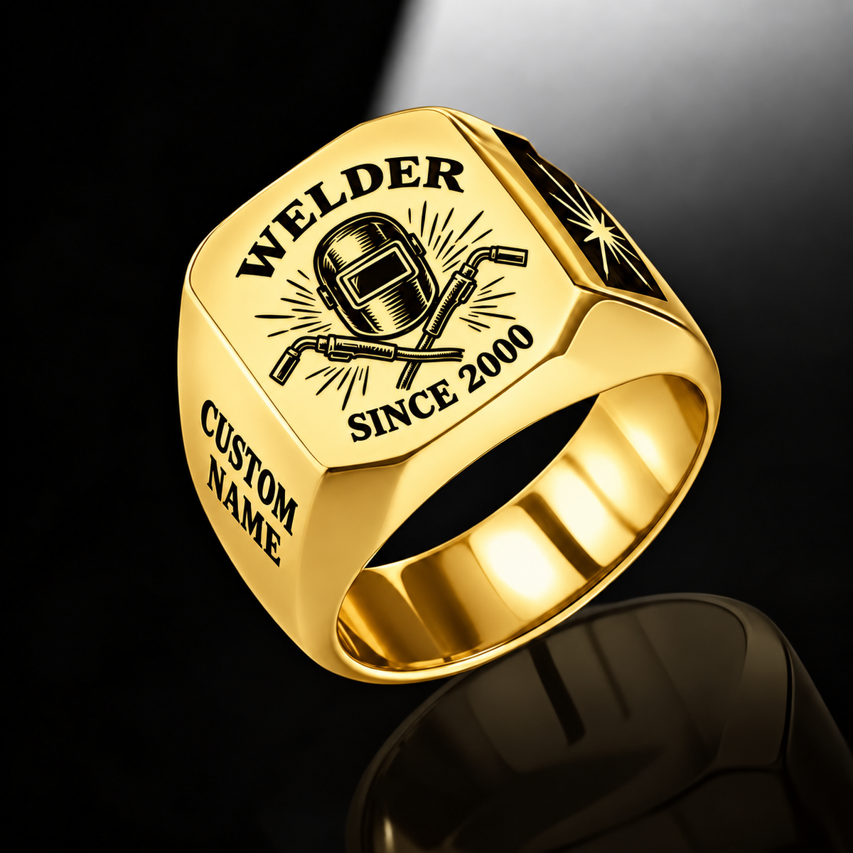 Welder Classic Emblem ring in Gold, showing CUSTOM NAME and SINCE 2000