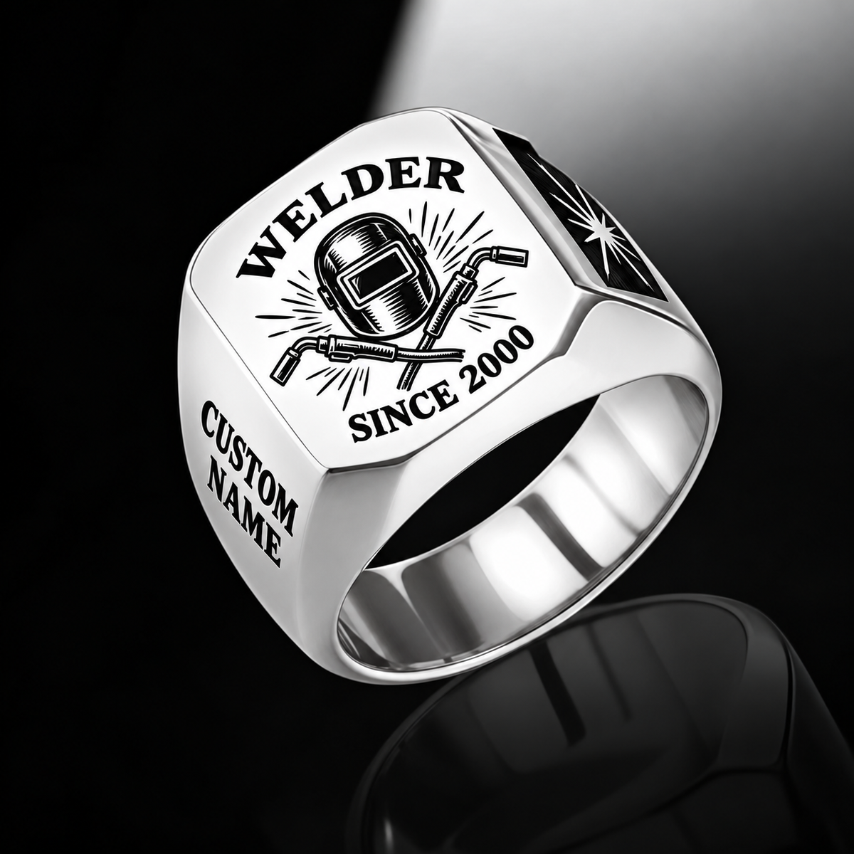 Welder Classic Emblem ring in Silver, showing CUSTOM NAME and SINCE 2000