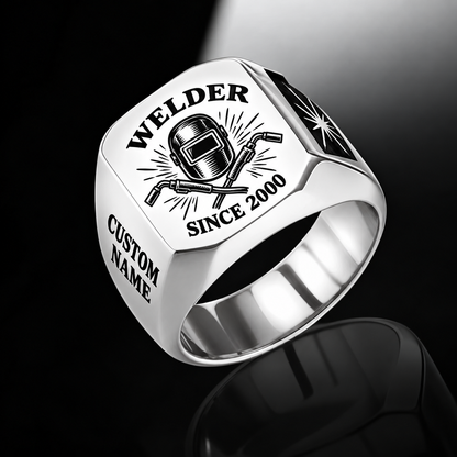 Welder Classic Emblem ring in Silver, showing CUSTOM NAME and SINCE 2000
