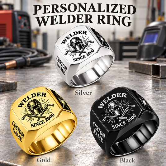 Welder Classic Emblem personalized ring advertisement showing Silver, Gold and Black rings with CUSTOM NAME and SINCE 2000 on a welder-themed background