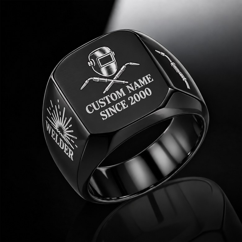 Welder Signature Crest ring in Black, showing CUSTOM NAME and SINCE 2000